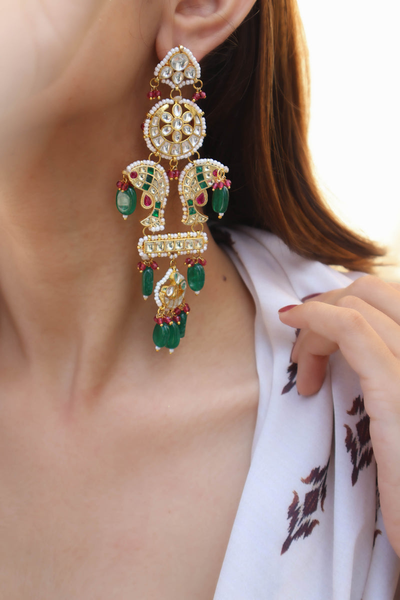 Pisces Green-Pink Kundan Earrings
