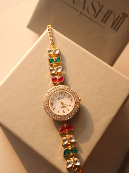 Alfaaz Red-Green Kundan Wrist Watch