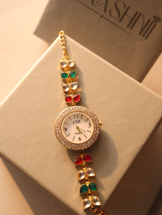 Alfaaz Red-Green Kundan Wrist Watch