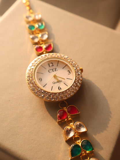 Alfaaz Red-Green Kundan Wrist Watch