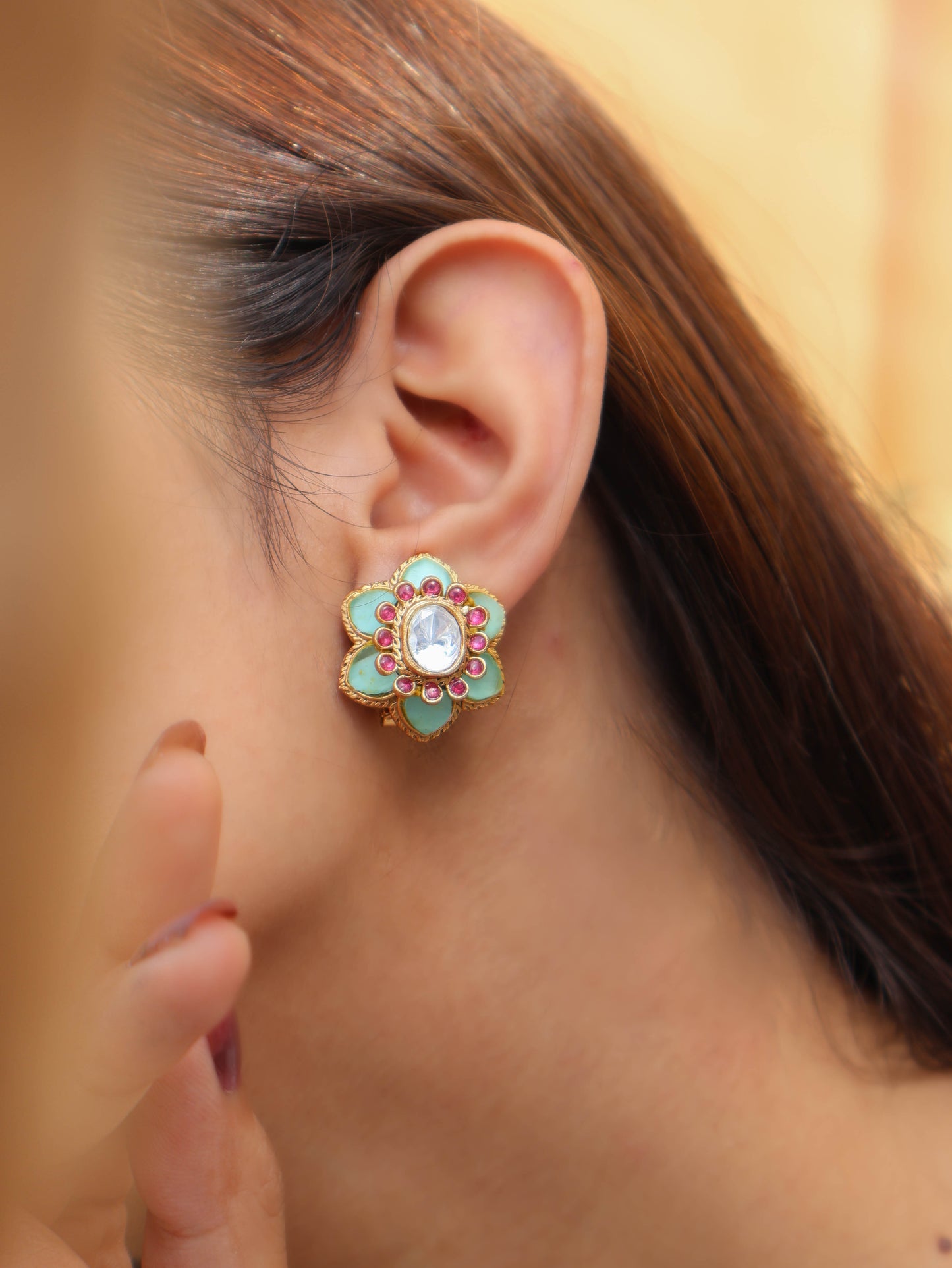 Zahra Turquoise & Pink Polki Studs