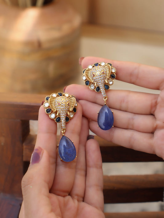 Ekdanta Blue Victorian Elephant Earrings