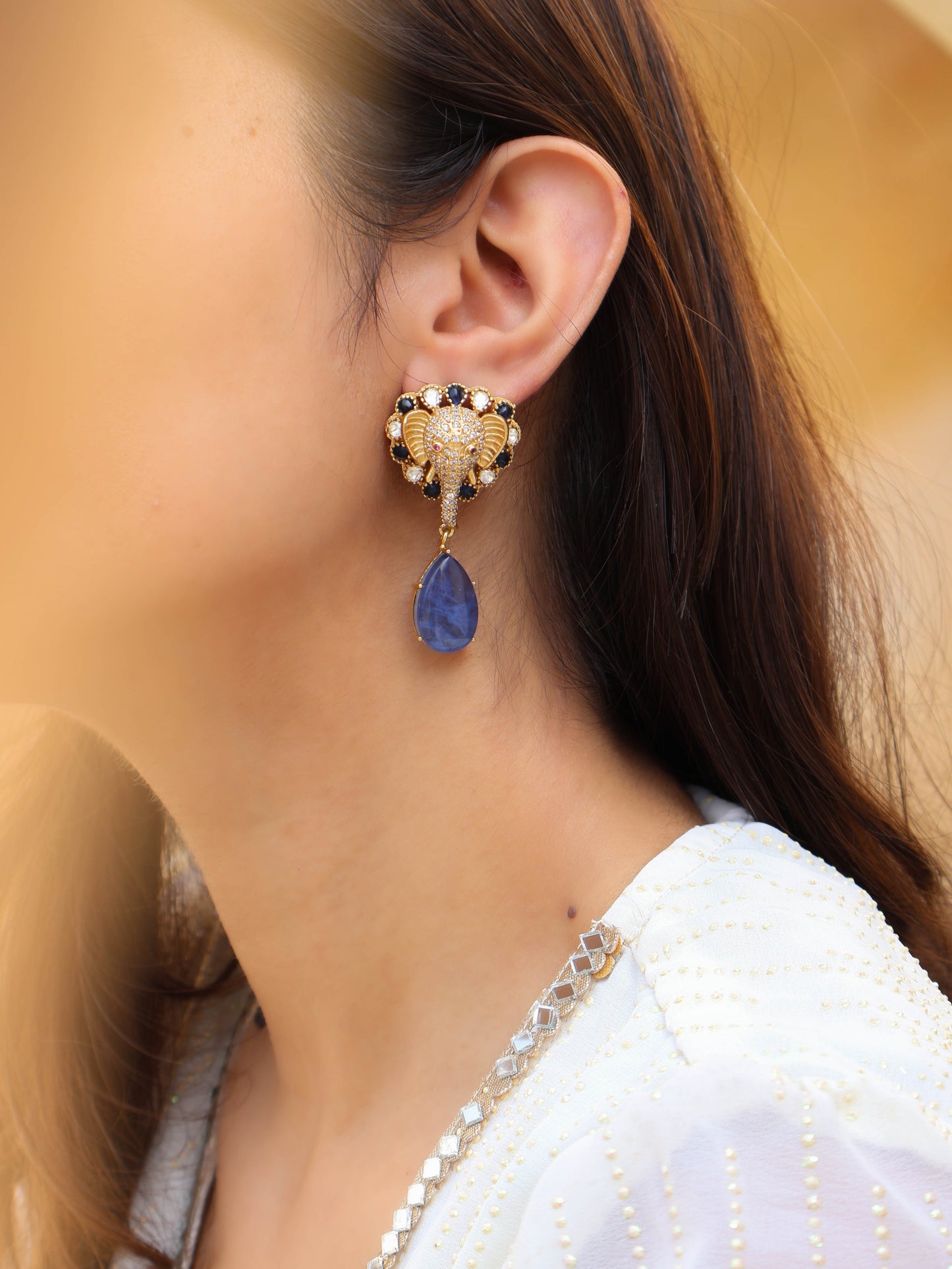 Ekdanta Blue Victorian Elephant Earrings