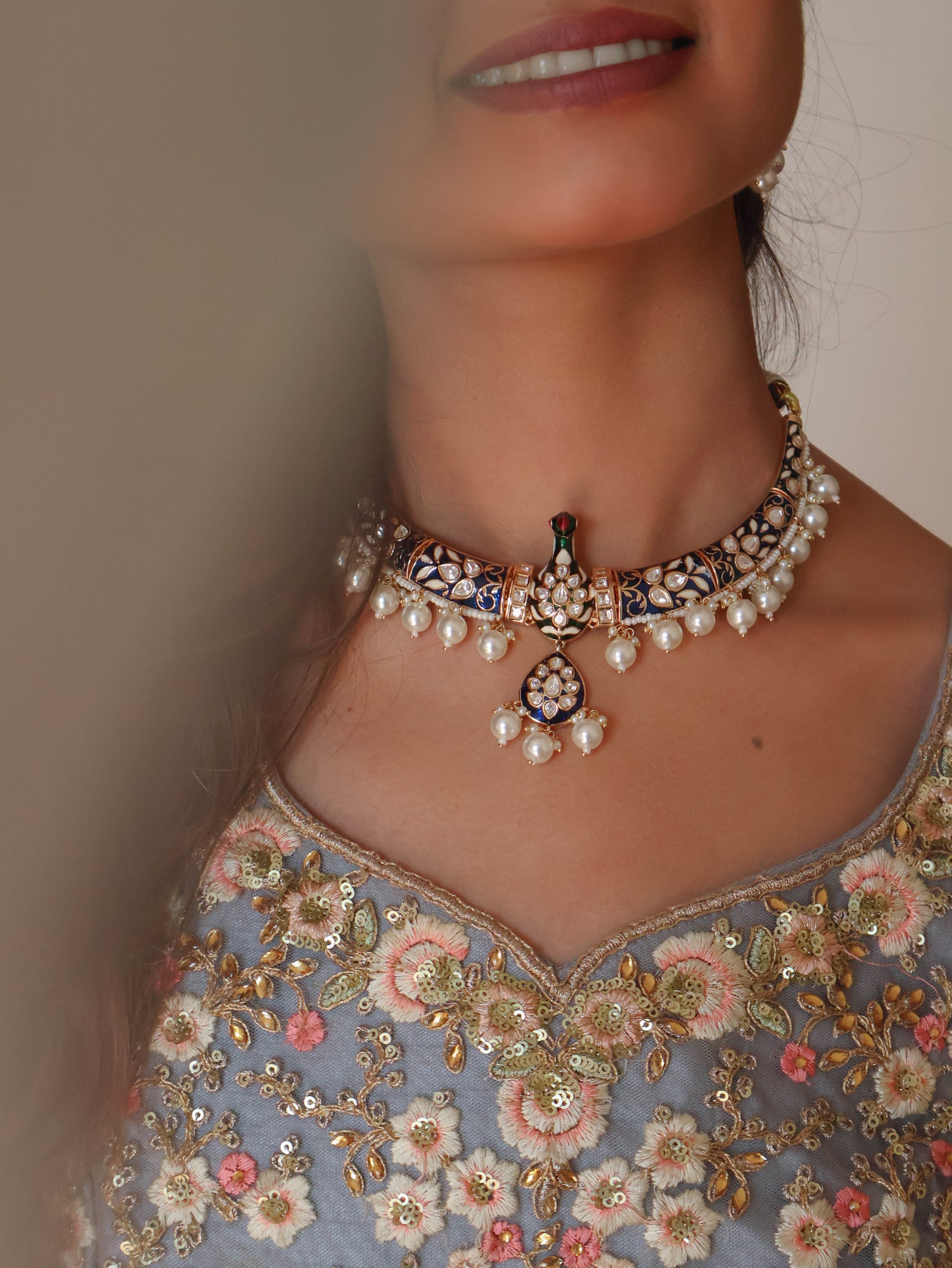 Isra Blue Meenakari Peacock Necklace Set