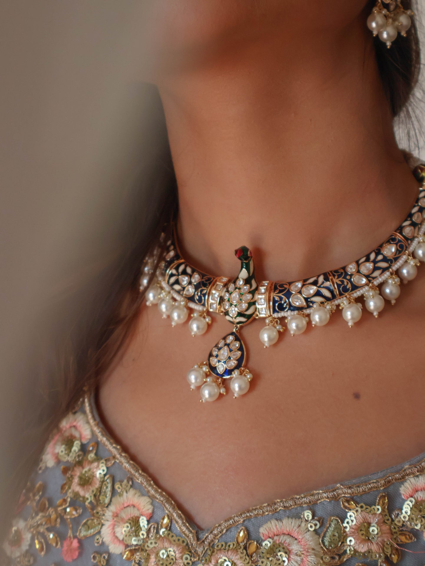 Isra Blue Meenakari Peacock Necklace Set