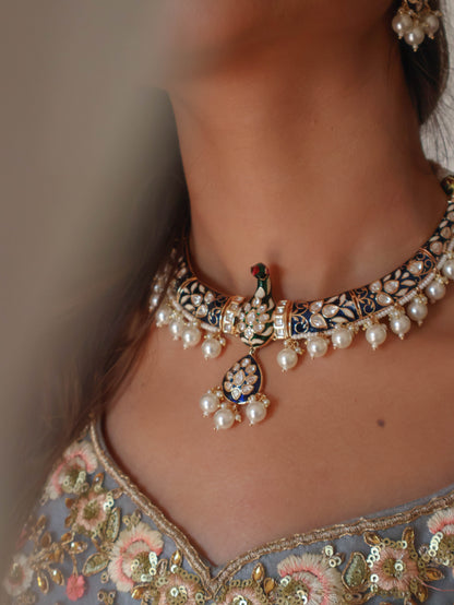 Isra Blue Meenakari Peacock Necklace Set