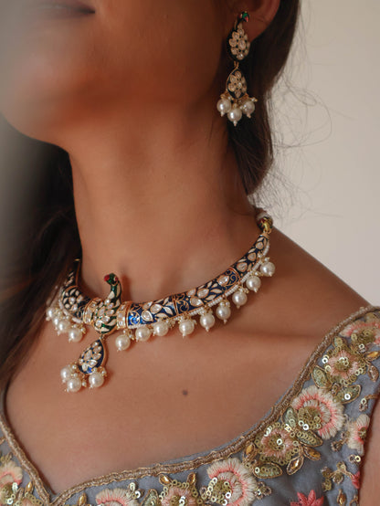 Isra Blue Meenakari Peacock Necklace Set
