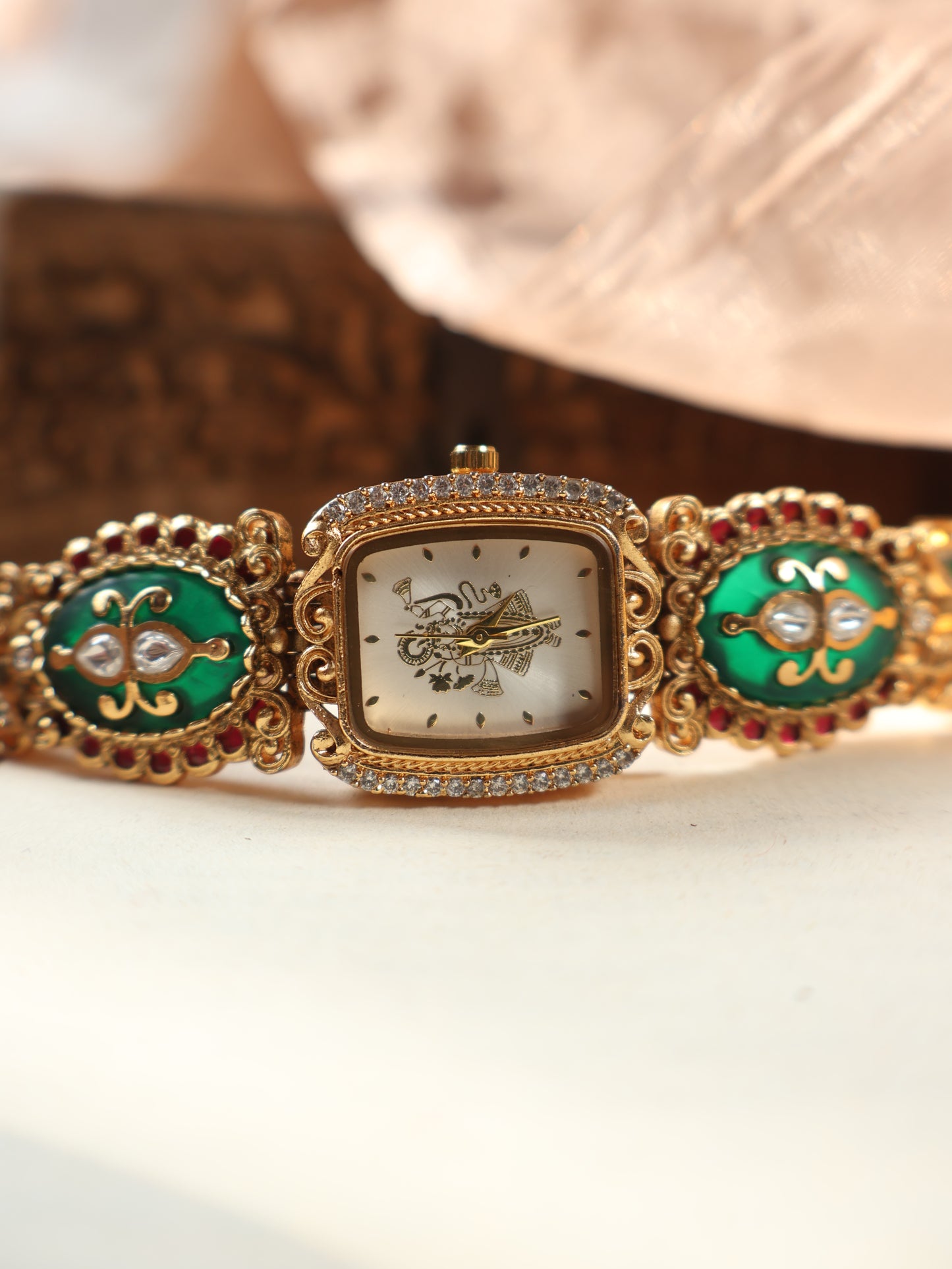 Vanshu Green Kundan Wrist Watch