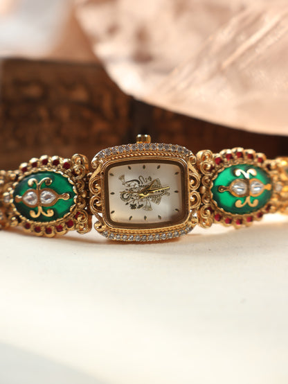 Vanshu Green Kundan Wrist Watch