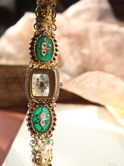 Vanshu Green Kundan Wrist Watch