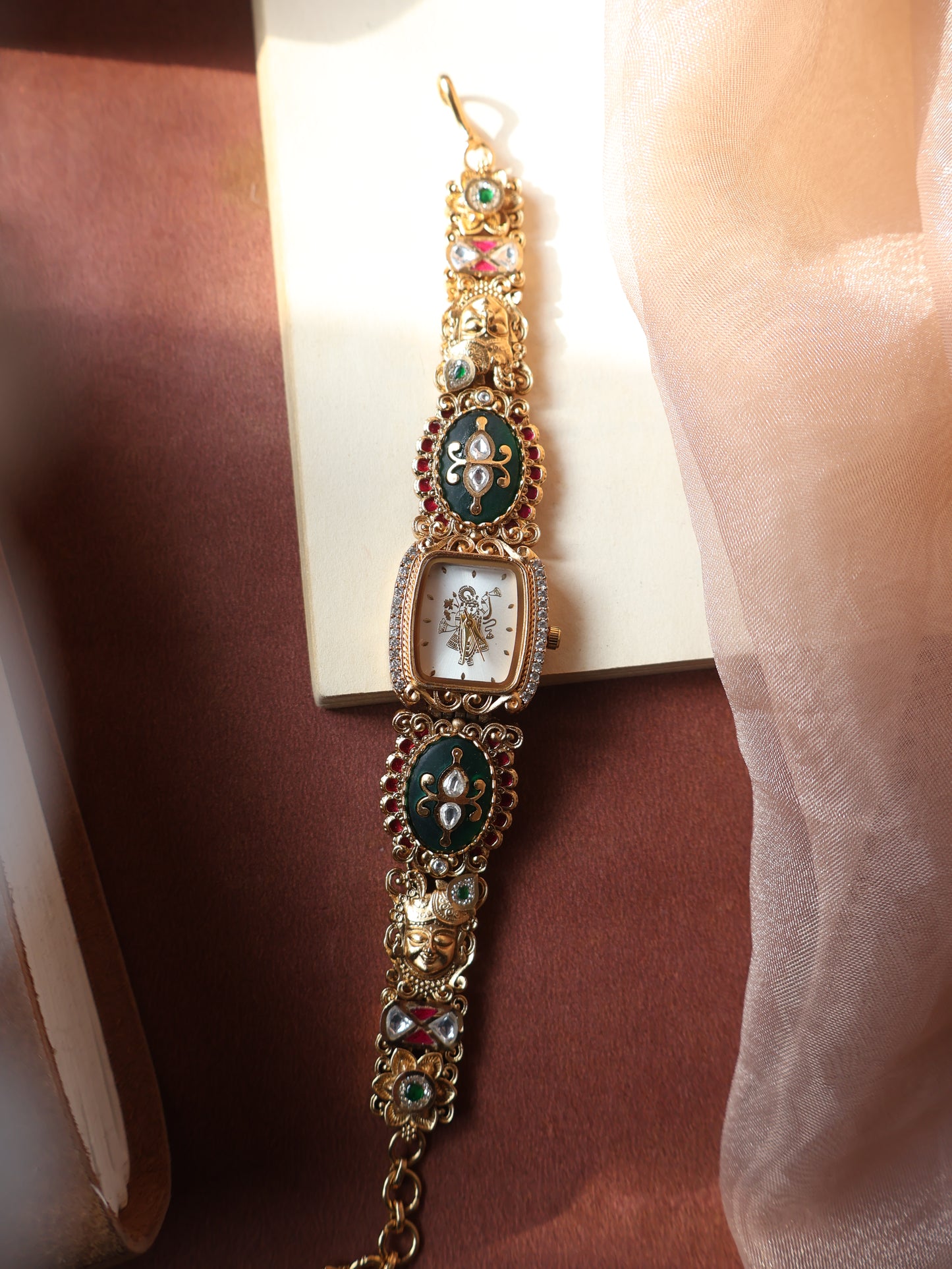 Vanshu Green Kundan Wrist Watch