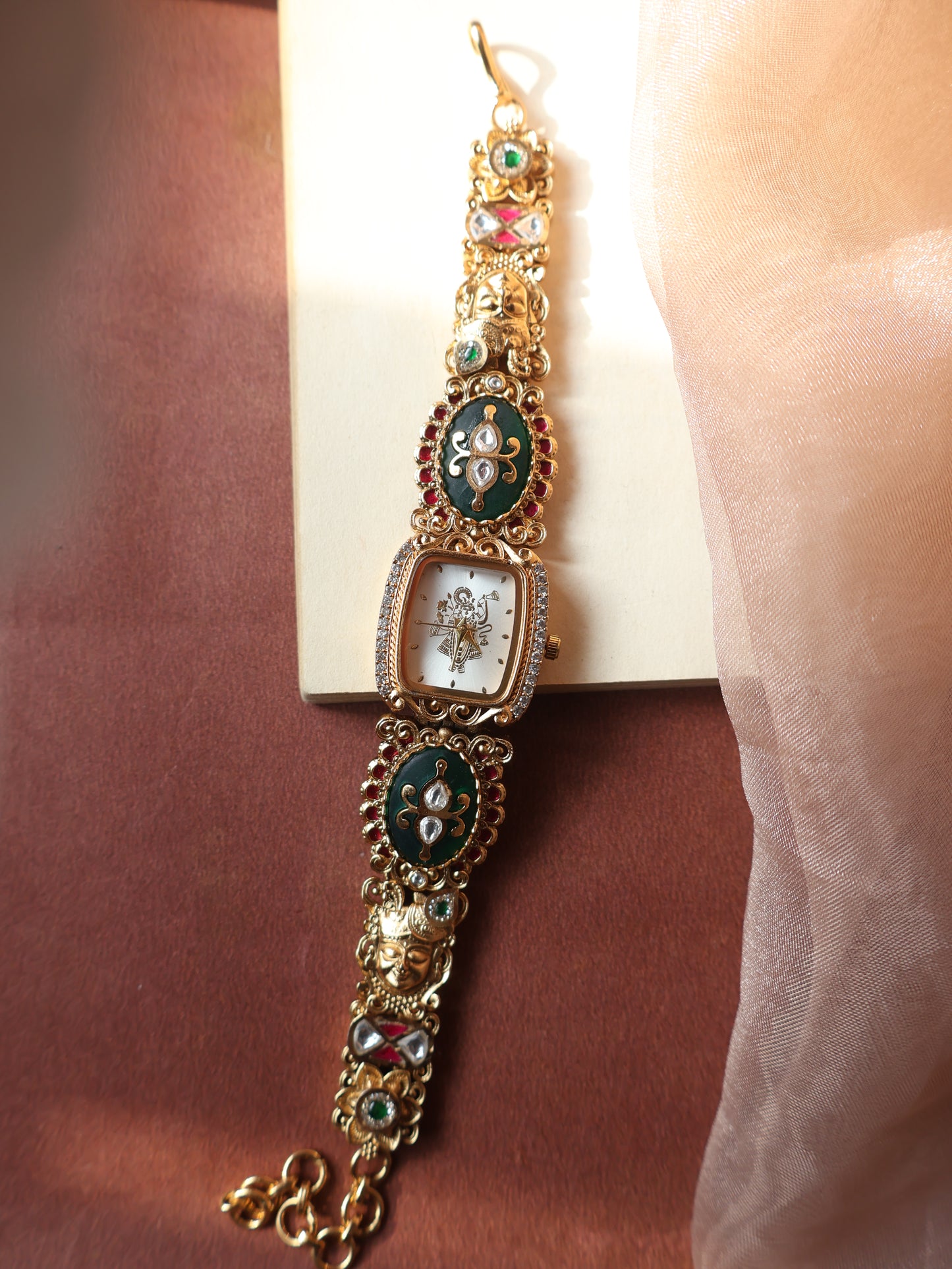 Vanshu Green Kundan Wrist Watch