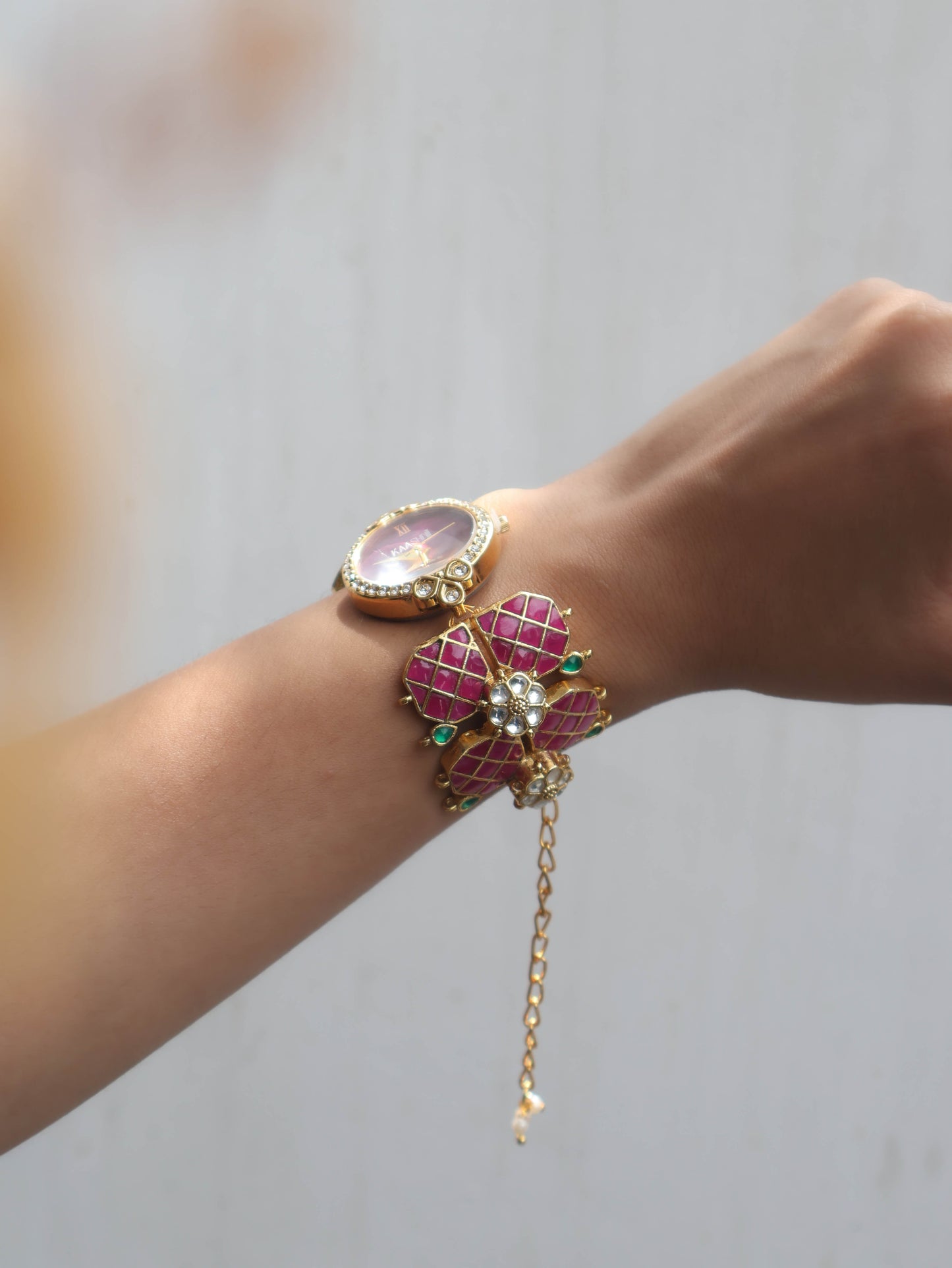 Daffodil Pink & Green Kundan Wrist Watch
