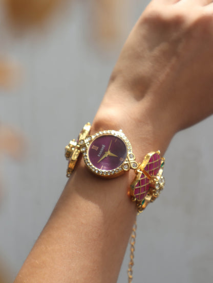 Daffodil Pink & Green Kundan Wrist Watch