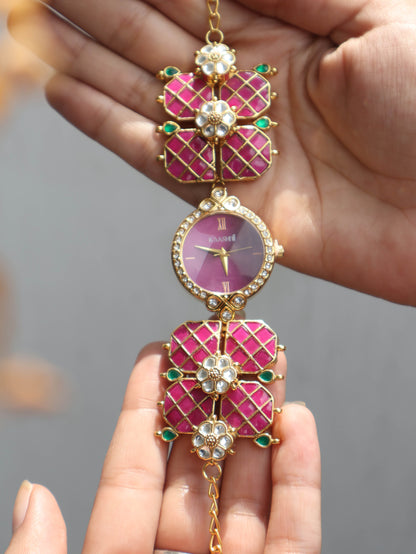 Daffodil Pink & Green Kundan Wrist Watch