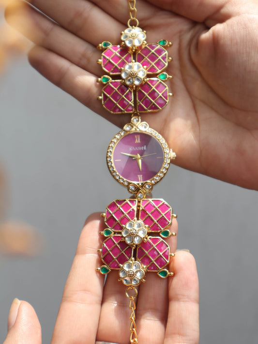 Daffodil Pink & Green Kundan Wrist Watch