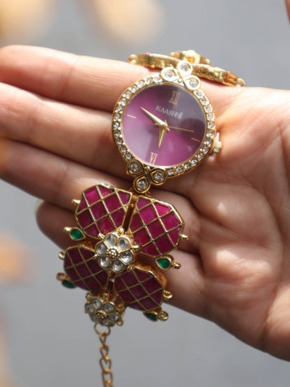 Daffodil Pink & Green Kundan Wrist Watch