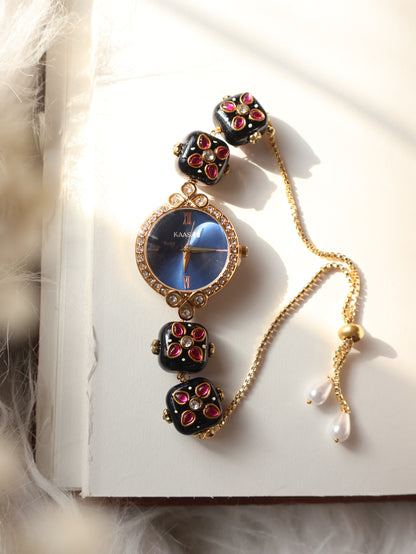 Clover Black & Blue Wrist Watch