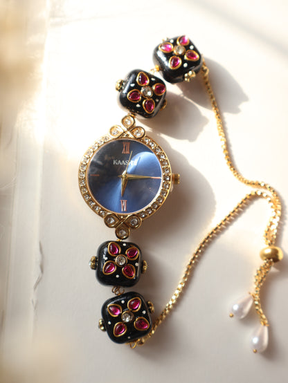 Clover Black & Blue Wrist Watch