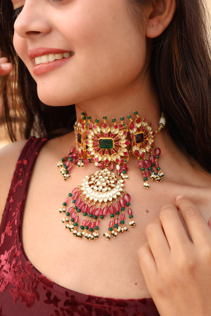 Isla Pink-Green Kundan Choker Necklace