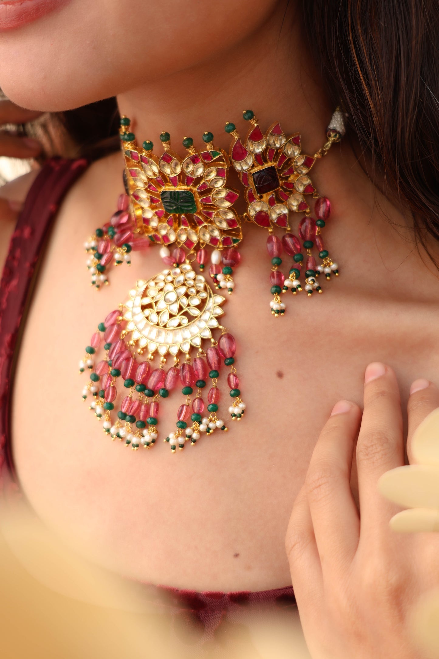 Isla Pink-Green Kundan Choker Necklace