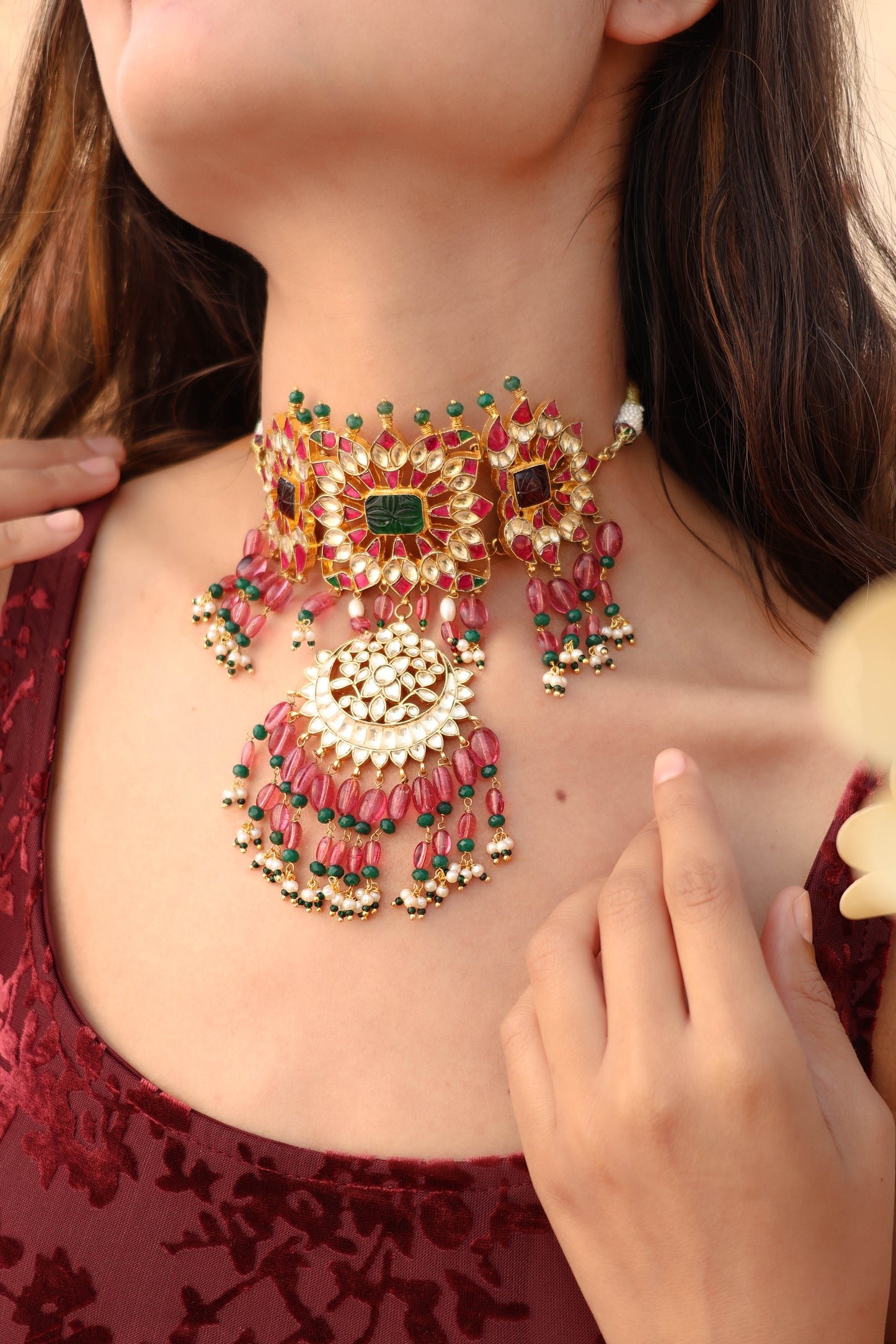 Isla Pink-Green Kundan Choker Necklace