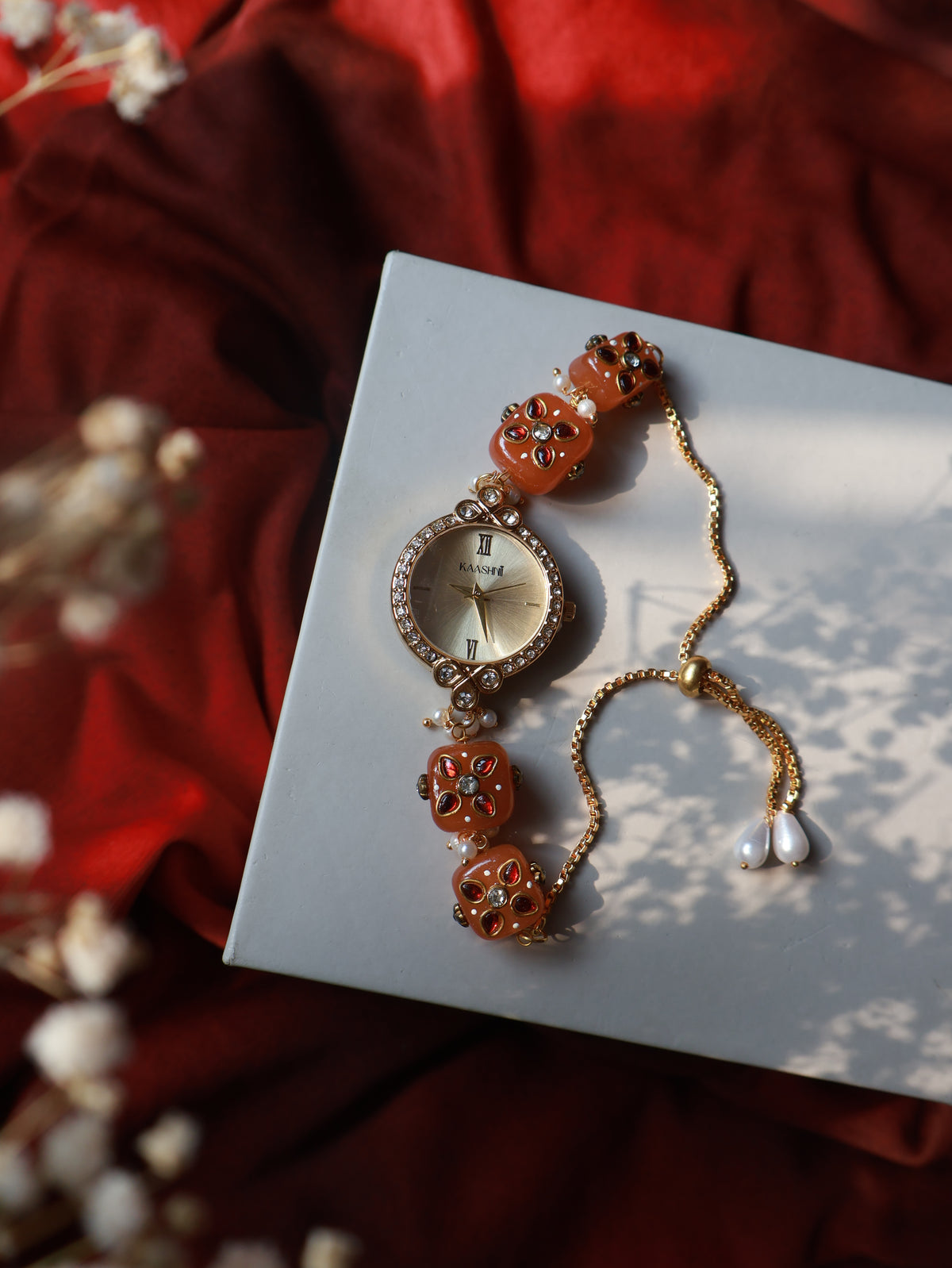 Wren Orange Kundan Wrist Watch