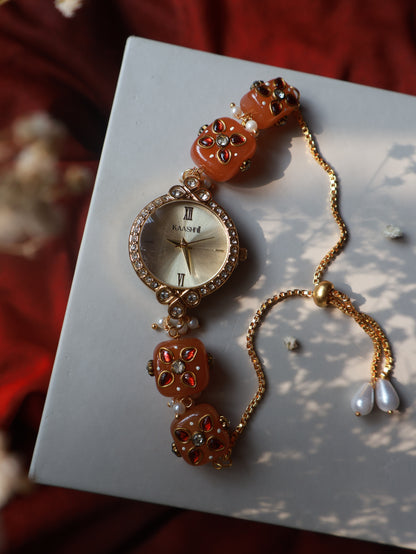Wren Orange Kundan Wrist Watch
