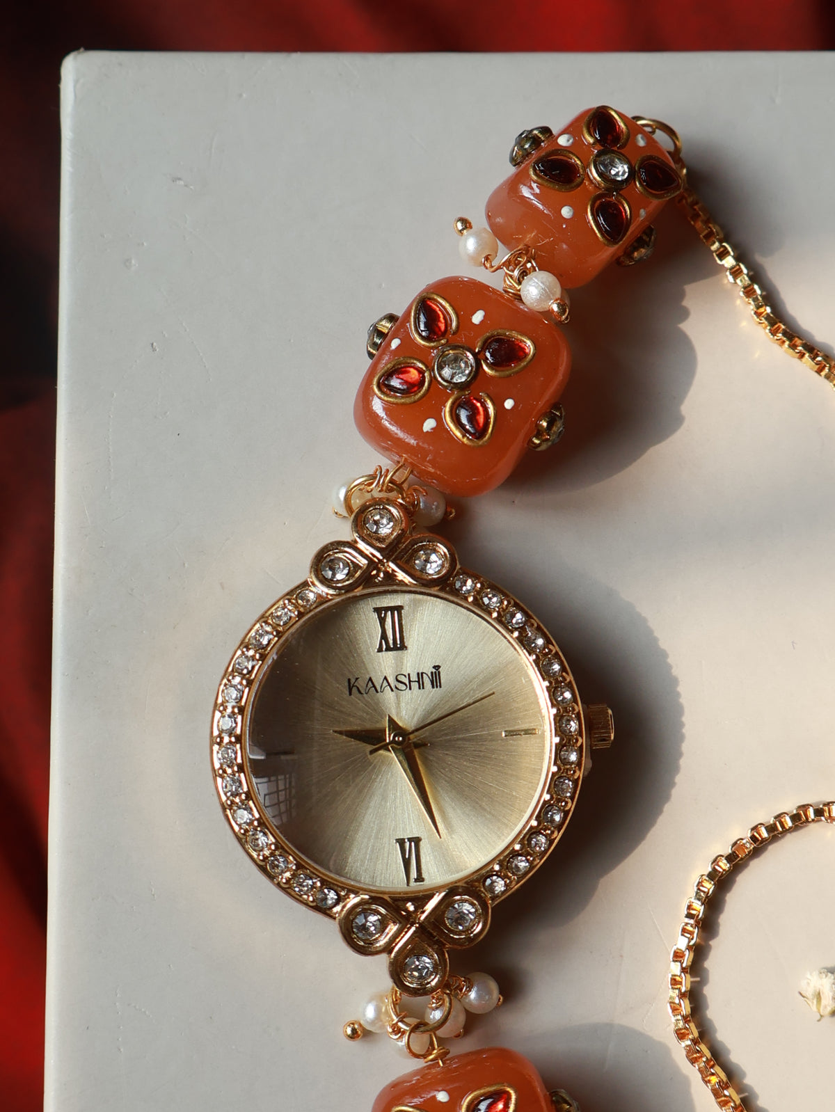 Wren Orange Kundan Wrist Watch