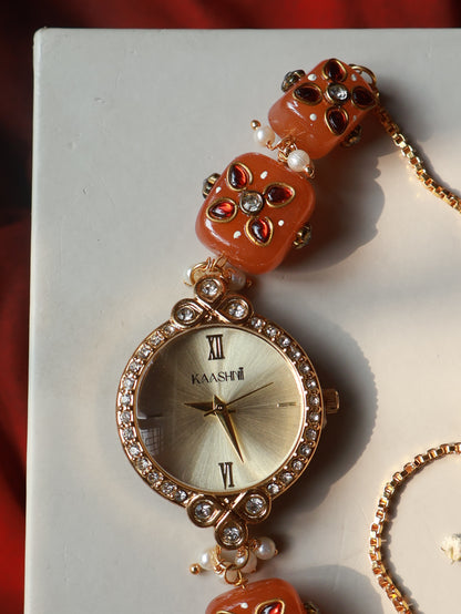Wren Orange Kundan Wrist Watch