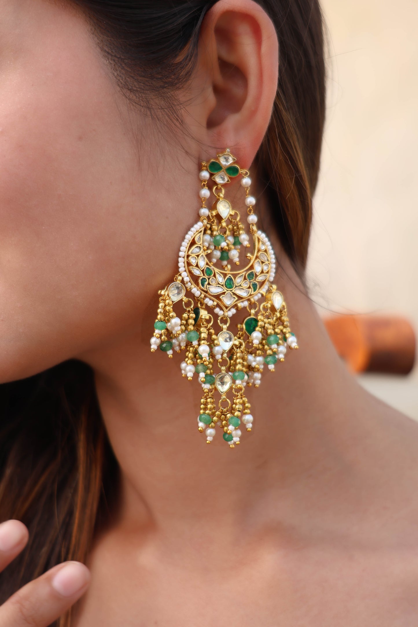 Raisa Green Kundan Chaandbaali Earrings