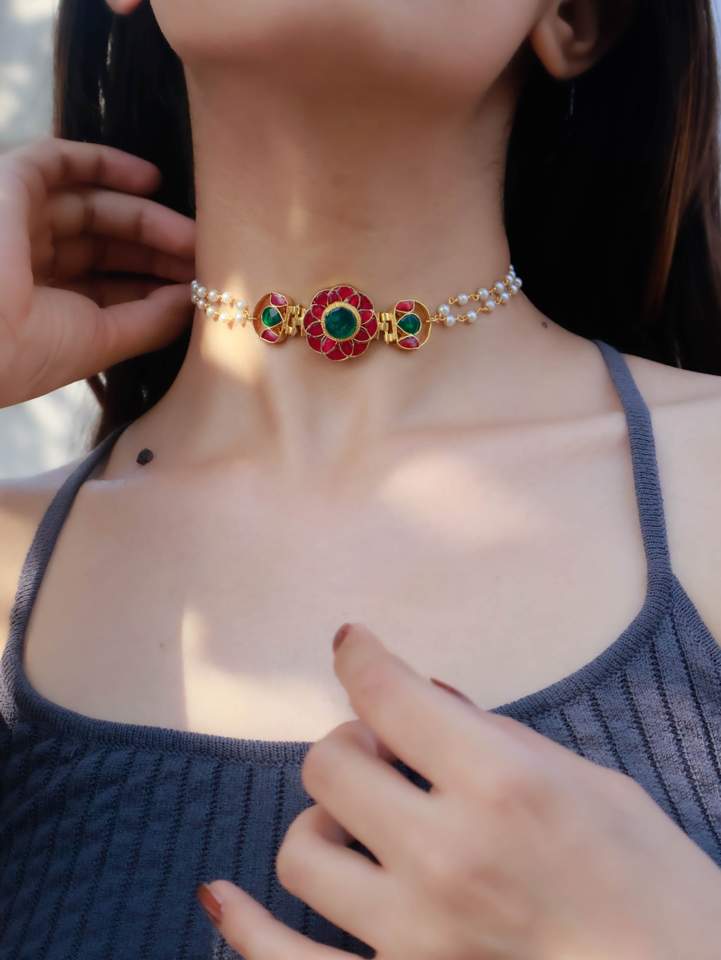 Inika Red-Green Kundan Choker Necklace