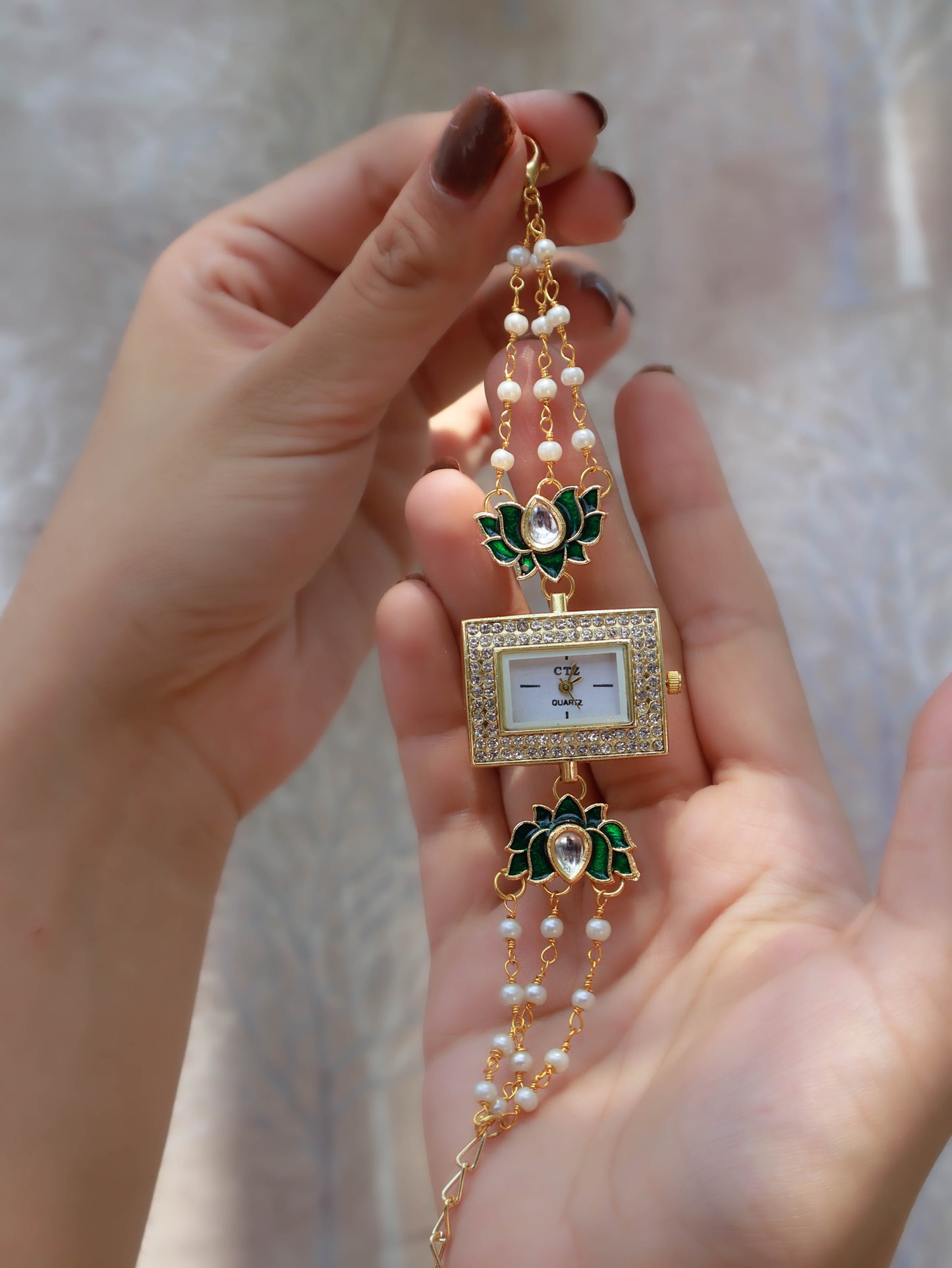 Mayflower Green Lotus Necklace, Hathphool and Wrist Watch Set