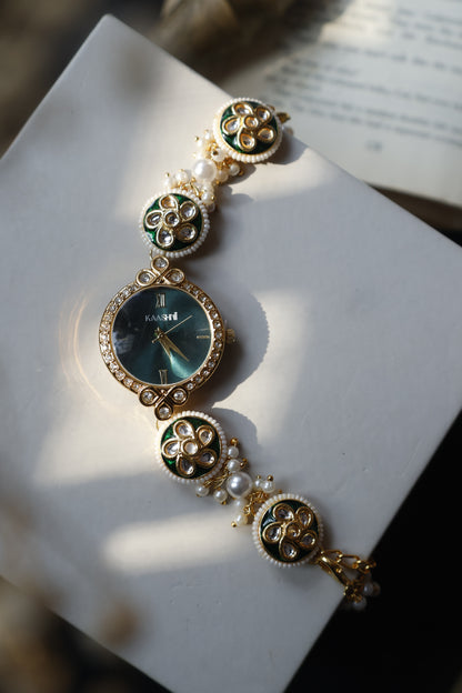 Aabish Green Kundan Wrist Watch