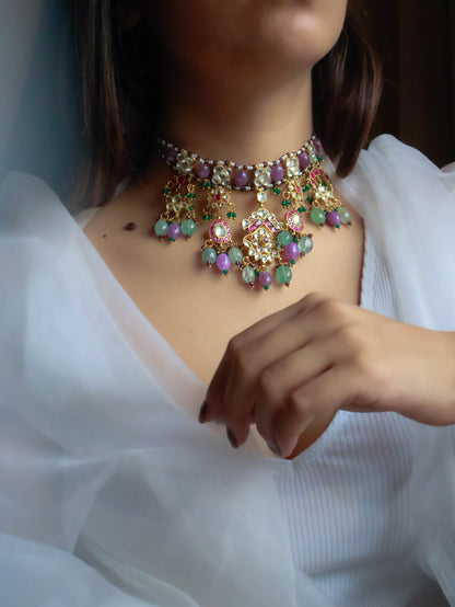 Rimasha Mint Green-Purple Kundan Choker Necklace