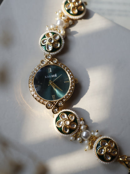Aabish Green Kundan Wrist Watch