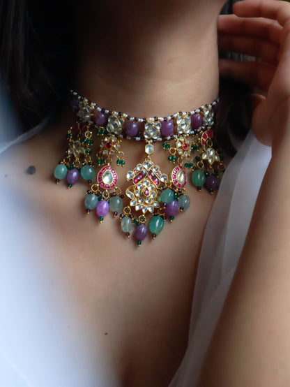 Rimasha Mint Green-Purple Kundan Choker Necklace