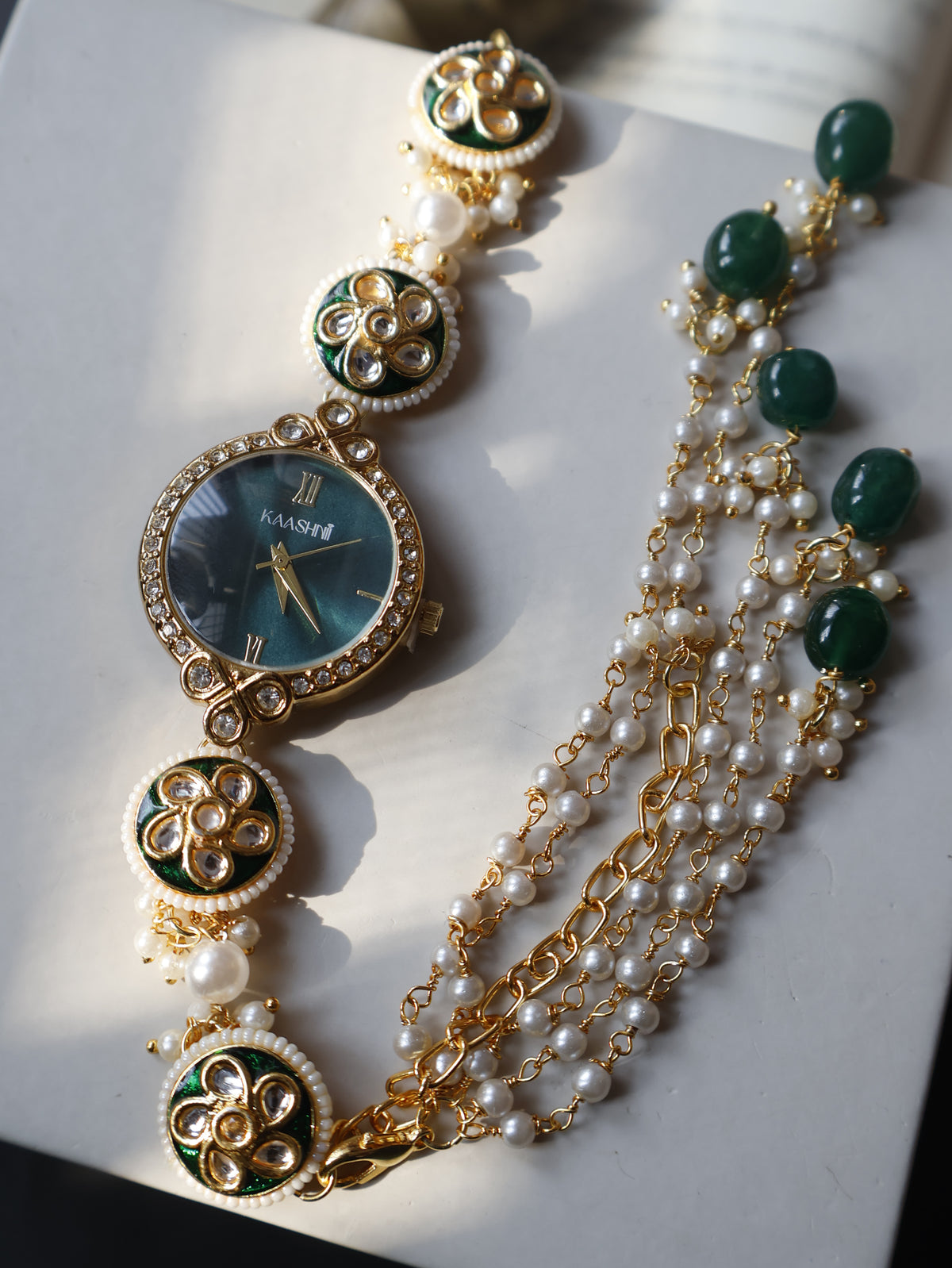 Aabish Green Kundan Wrist Watch