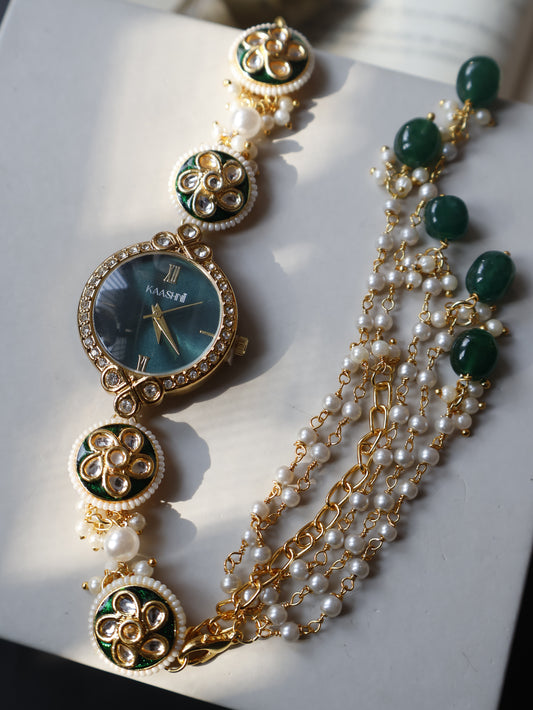 Aabish Green Kundan Wrist Watch