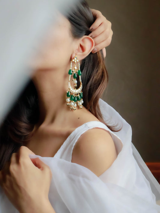 Maheen Green Kundan Chandbali Earrings