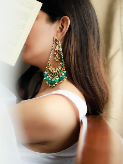 Maheen Red-Green Kundan Chandbali Earrings