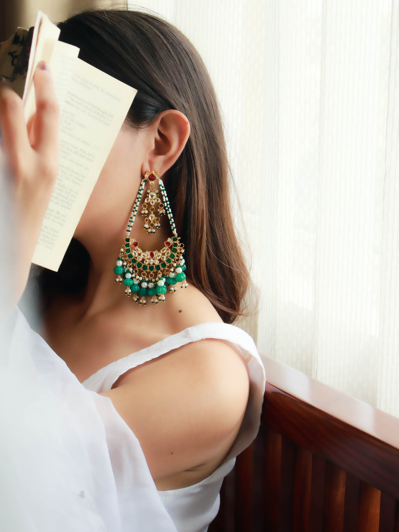 Maheen Red-Green Kundan Chaandbaali Earrings
