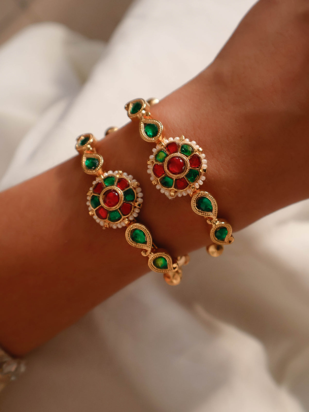 Ashar Red-Green Kundan Bangles - Pair of 2