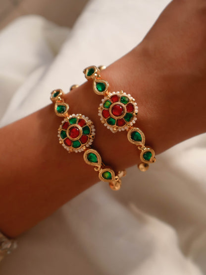 Ashar Red-Green Kundan Bangles - Pair of 2