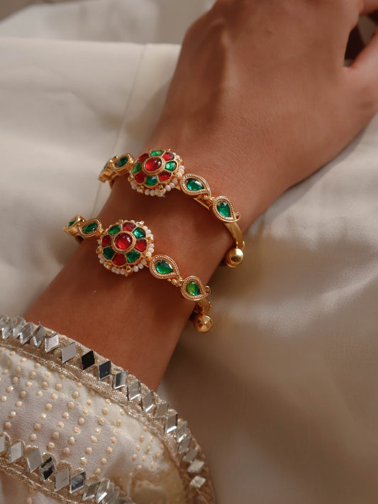 Ashar Red-Green Kundan Bangles - Pair of 2