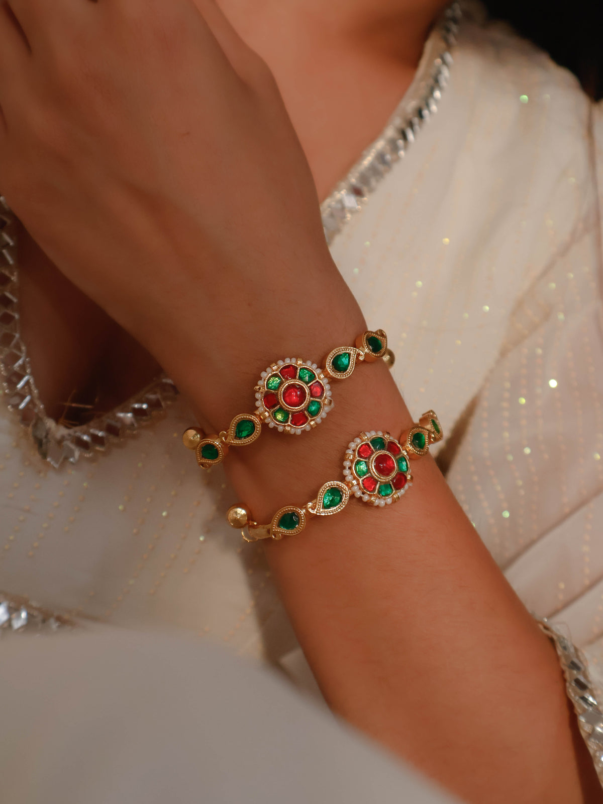 Ashar Red-Green Kundan Bangles - Pair of 2