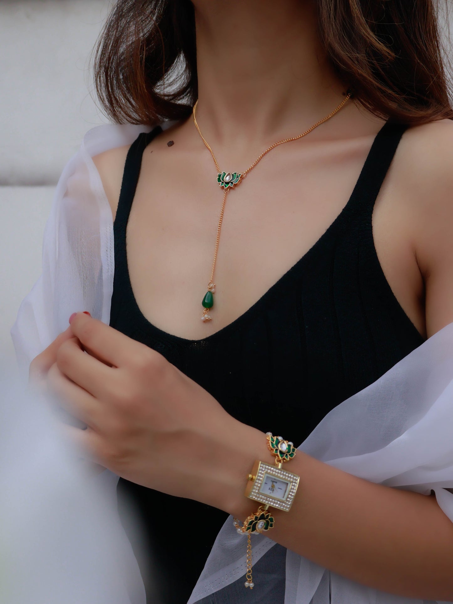 Mayflower Green Lotus Necklace and Wrist Watch Set