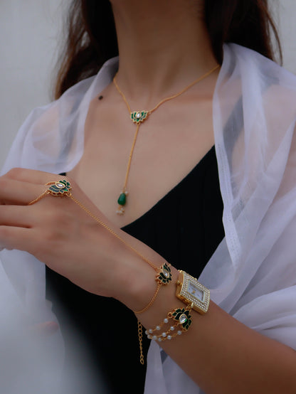 Mayflower Green Lotus Necklace, Hathphool and Wrist Watch Set