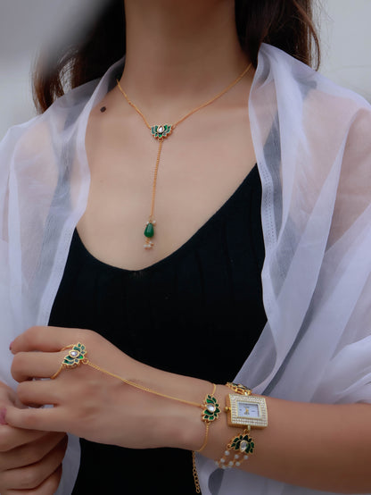 Mayflower Green Lotus Necklace, Hathphool and Wrist Watch Set