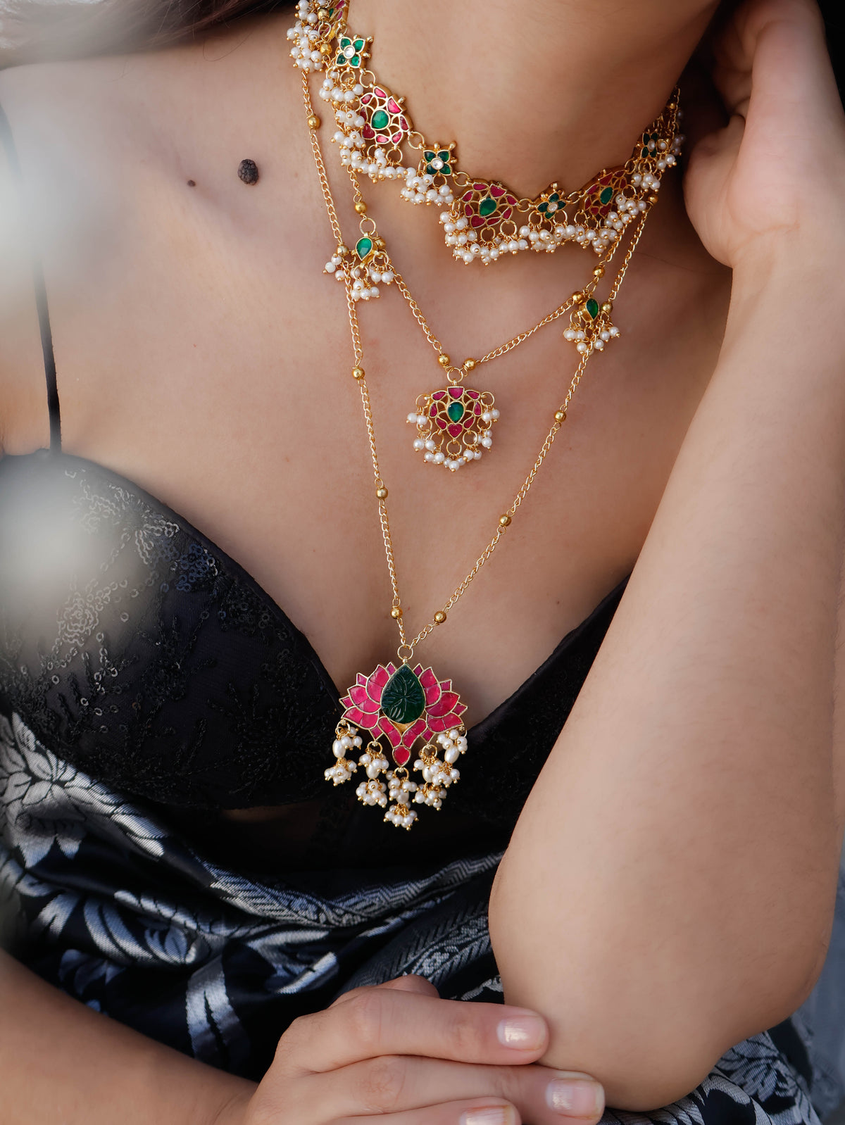 Vaneeza Green-Ruby Red Kundan Multilayered Necklace